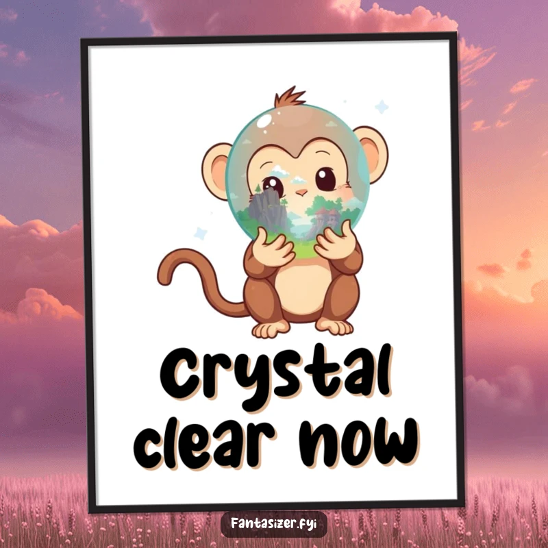 Funny Monkey Poster: Monkey gazes into a crystal ball revealing a fantastical landscape, creating a whimsical and humorous wall art piece.