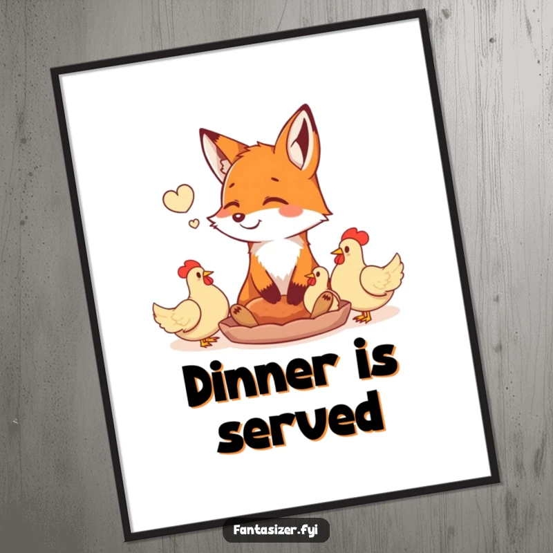 Funny happy fox daydreaming of a feast of plump chickens, a humorous wall poster. Evokes imagery of delicious meals and playful desires.