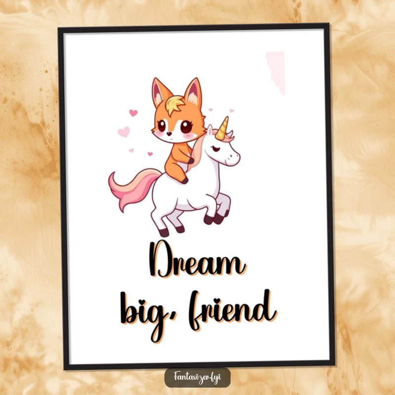 Funny fox poster illustrating an imaginative fox riding a unicorn, a whimsical and humorous fantasy artwork.