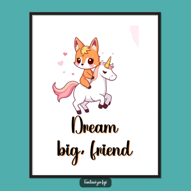 Funny Fox Riding Unicorn Poster: Fantasy Art, Magical Gift