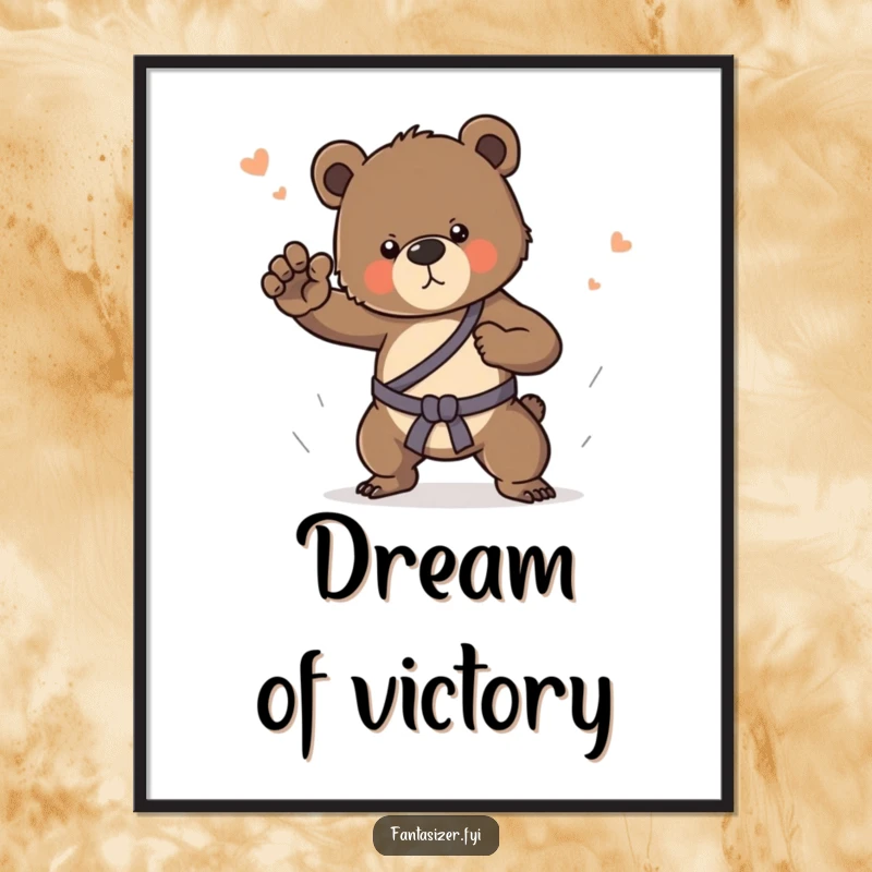 Funny poster featuring a determined bear cub in a dynamic dream sequence, practicing impressive martial arts moves.