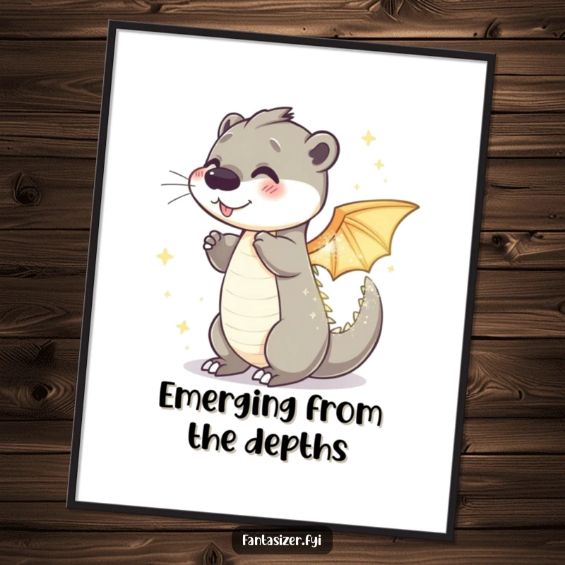 Funny otter dragon poster illustrating a playful otter mid-transformation into a sparkling, shimmering dragon, full of mythical beauty.