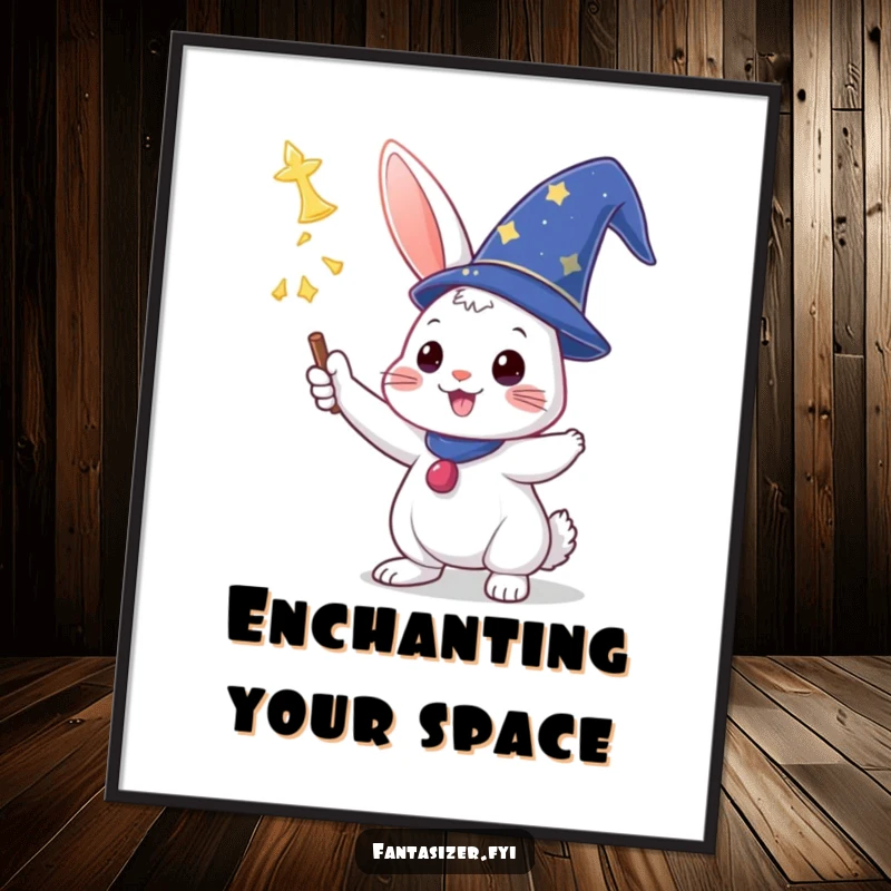 Funny poster print of a triumphant rabbit in a wizard hat casting a spell, magical and humorous wall decor.