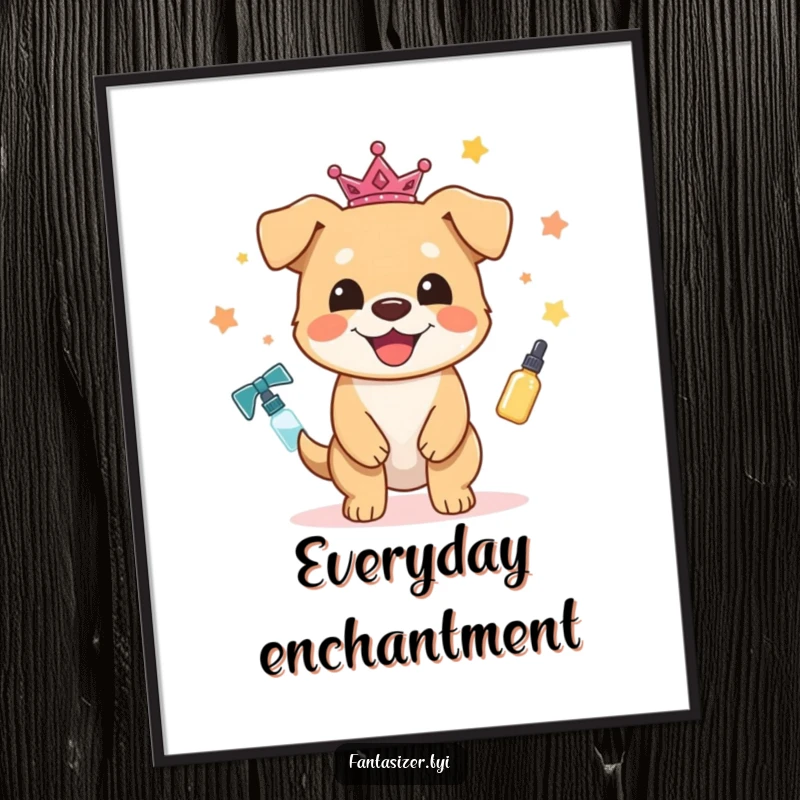 Funny Dog Poster: Artwork of a happy dog character enchanting ordinary objects into sparkling, magical treasures, full of wonder.