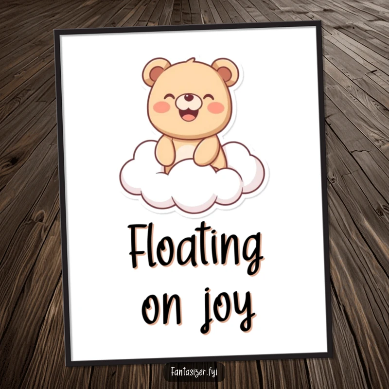 Funny Bear Poster: Joyful bear with a big smile riding a fluffy cloud, creating a whimsical and humorous piece of wall art.