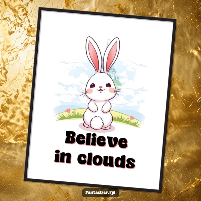 Funny bunny looking up at a distant, sparkling castle in the clouds, a whimsical and humorous art.