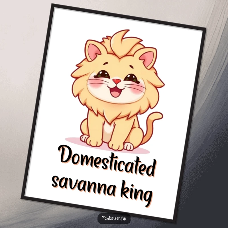 Funny poster of a small cat with a grand lion's mane, dreaming of power and majesty, a humorous piece of wall art.
