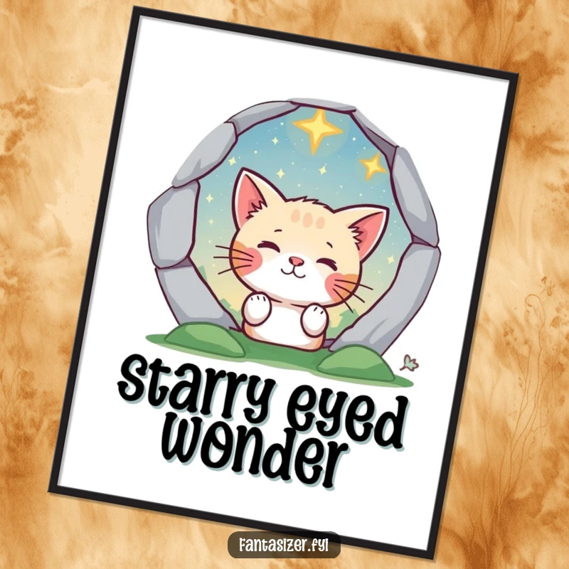 Funny cat character gazing through a magical portal to a whimsical starry landscape, as a humorous and enchanting poster.