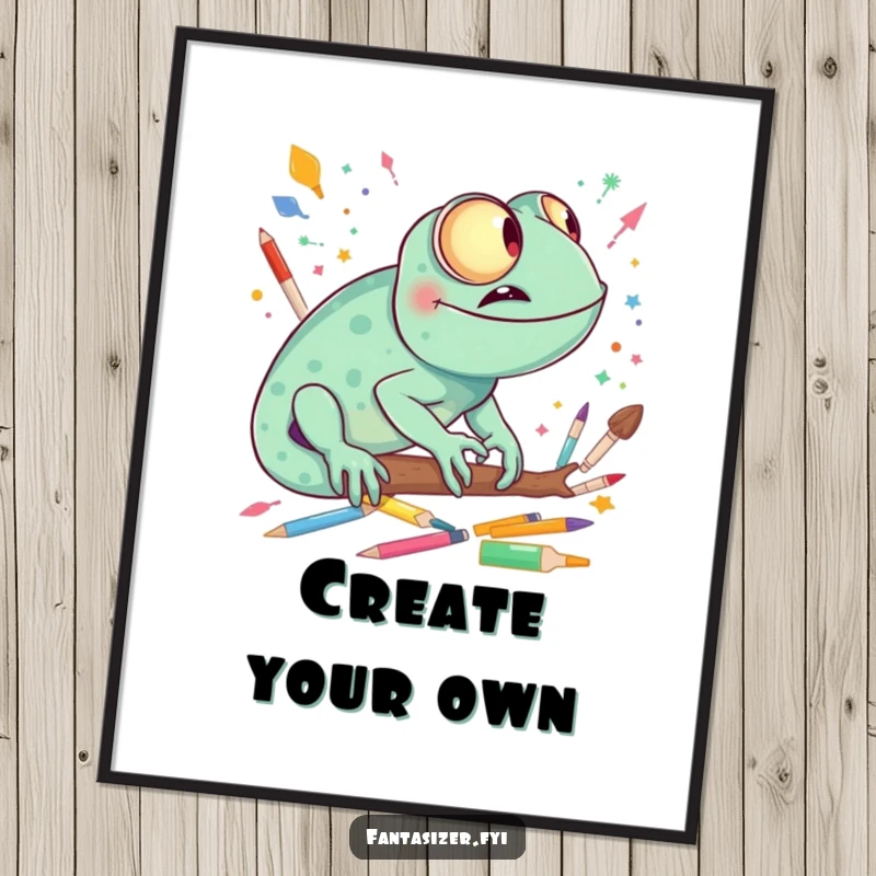 Funny chameleon giggling, imagining a vibrant world made of colorful art supplies, a humorous and artistic print.