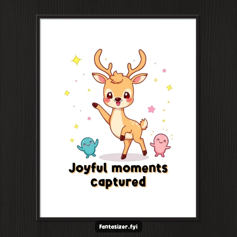 Funny poster art of a cheerful deer dancing with imaginary sparkling creatures, celebrating joy and lightheartedness.