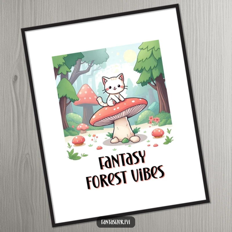 Funny poster depicting a playful cat character riding a giant mushroom through a vibrant fantasy forest, adding whimsical decor.