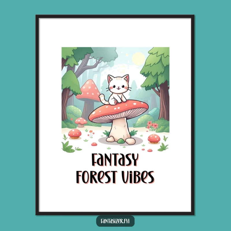 Funny Fantasy Cat Poster: Playful Mushroom Forest Art Print Gift