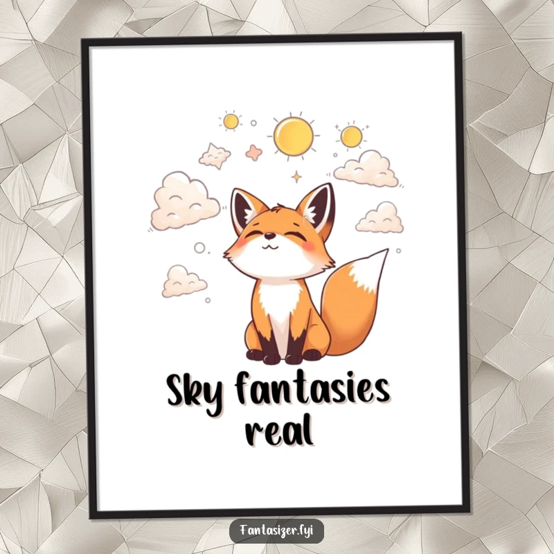Funny poster art of a joyful fox gazing at clouds, happily finding fantastical shapes and dreamy scenarios.