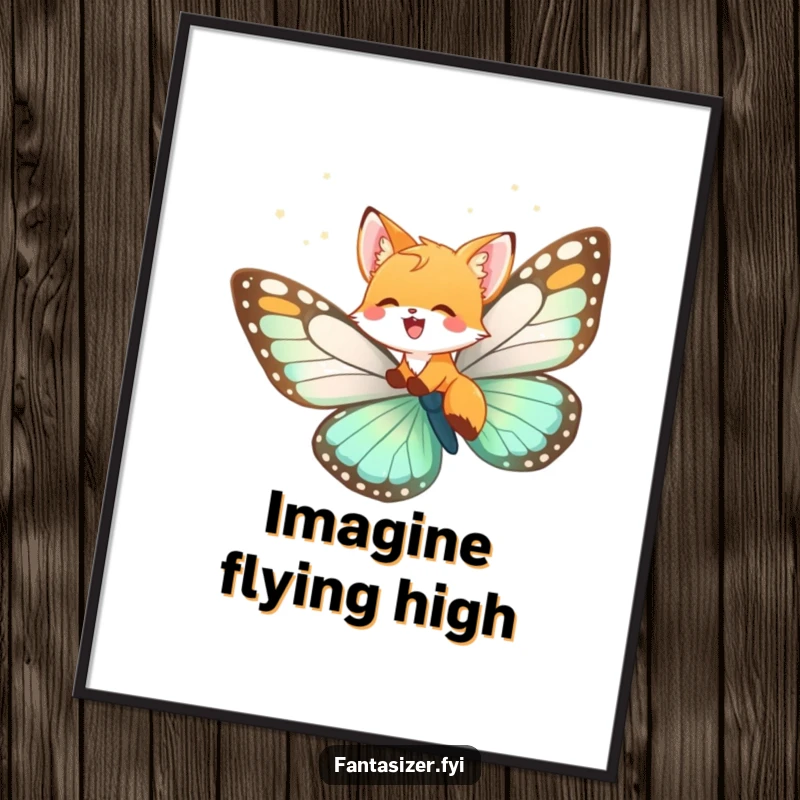 Funny fox cub poster, a joyful cub riding a giant butterfly, creating whimsical and humorous wall art.