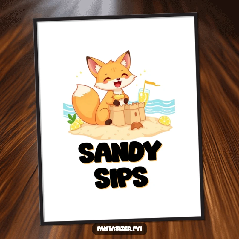 Funny giggling fox marvelously building a sandcastle by a sea of sparkling lemonade, poster, funny art gift.