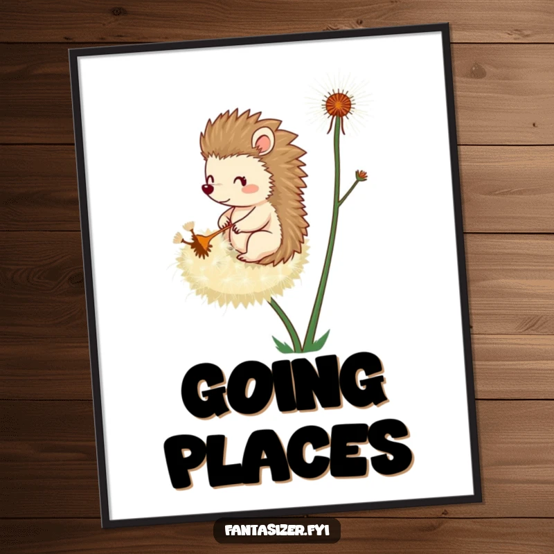 Funny poster showing a whimsical hedgehog character soaring on a large dandelion seed, capturing a moment of pure, lighthearted fantasy.