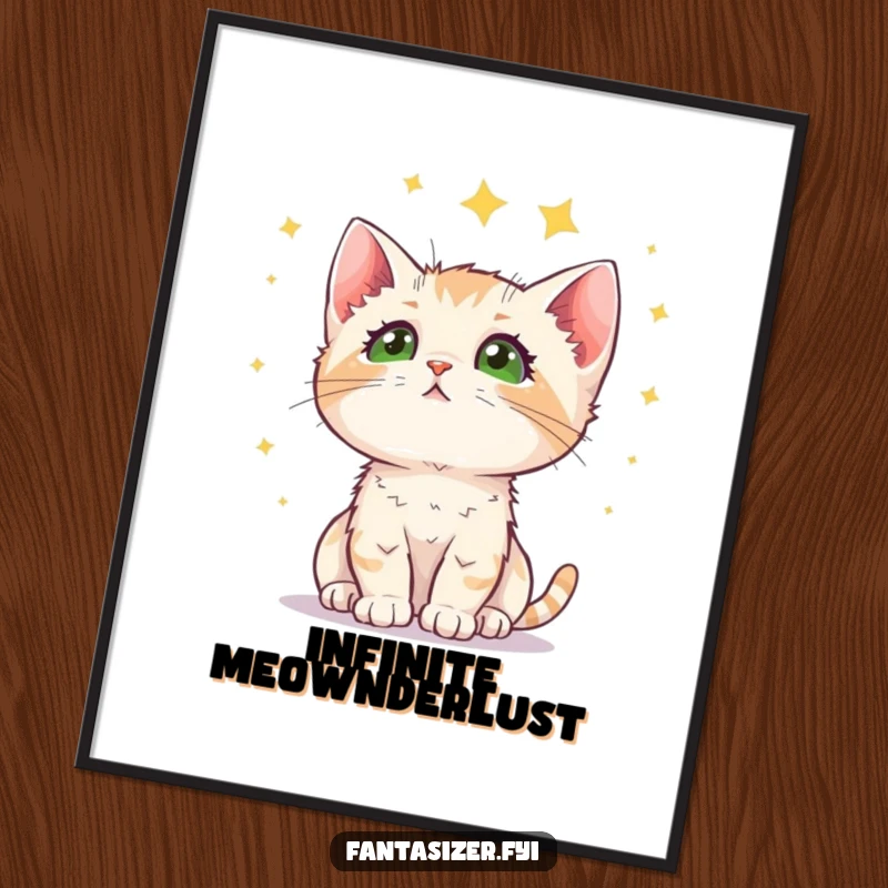 Funny kitten poster showcasing a curious cat mesmerized by a vast, starry expanse, evoking feelings of wonder and delight, a great gift.