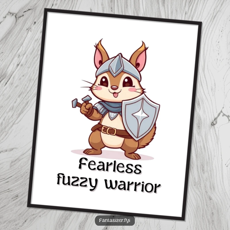 Funny poster art of a squirrel in knight's armor, holding a sword, ready to protect its domain with charming bravery.