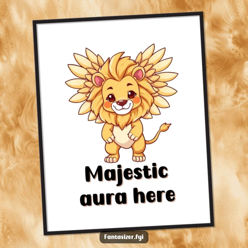 Funny Lion Transformation Poster showing a proud lion mid-transformation into a majestic, winged creature, radiating power.