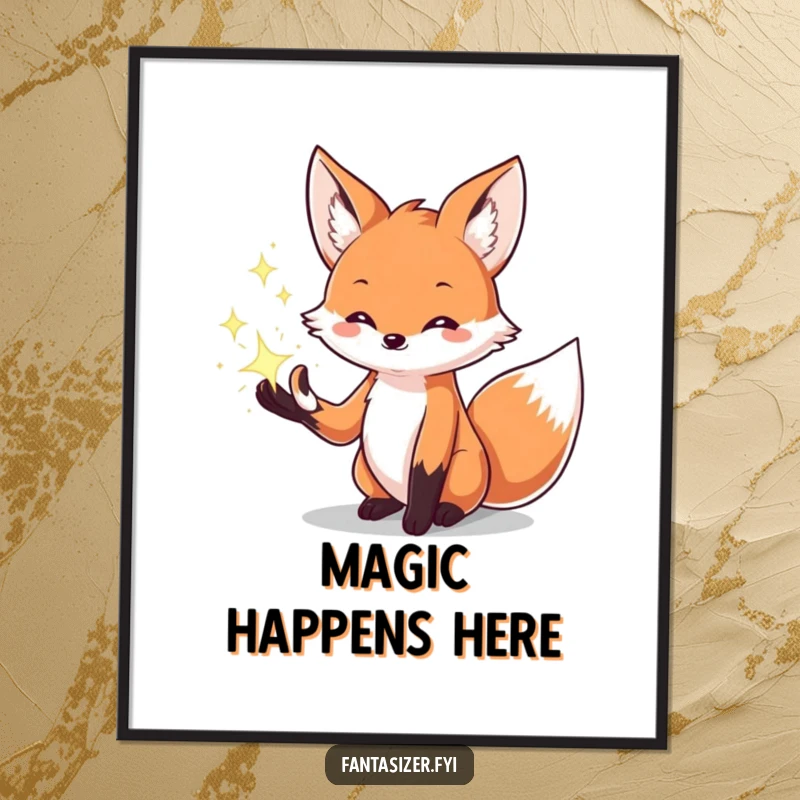 Funny poster of a creative fox conjuring brilliant, sparkling magical effects from its paws, adding a touch of fantasy decor.