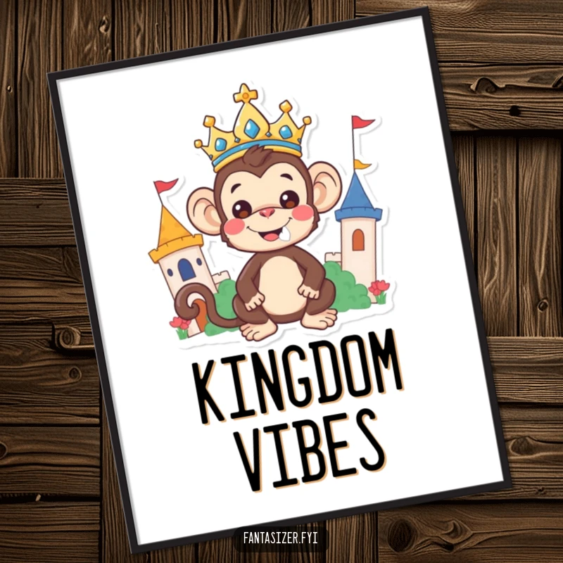 Funny Monkey Poster: A cheerful monkey crowned as king happily rules a colorful, imaginative kingdom, bringing regal amusement.