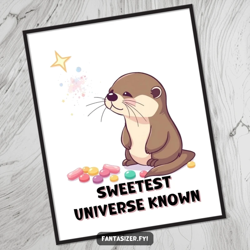 Funny poster art of a curious otter gazing at a sparkling galaxy made of tiny, glowing candies.