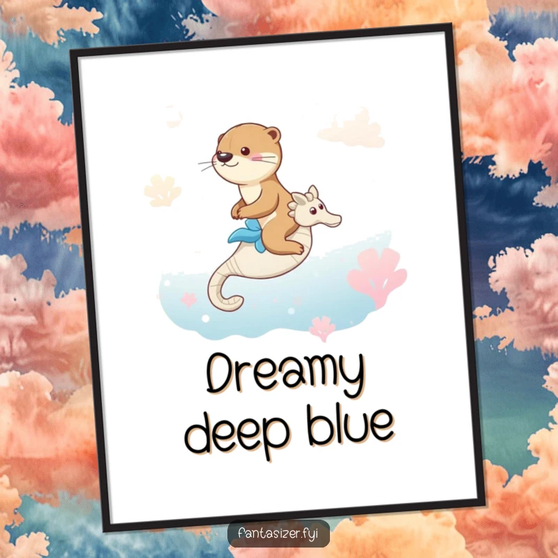 Funny poster: a playful otter rides a seahorse through a fantastical, dreamlike ocean, adding whimsy to decor.