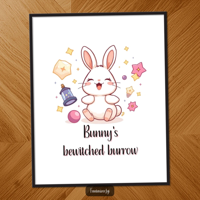 Funny rabbit poster depicting a delighted bunny encircled by floating magical objects, bringing whimsical enchantment to any room, a lovely gift.