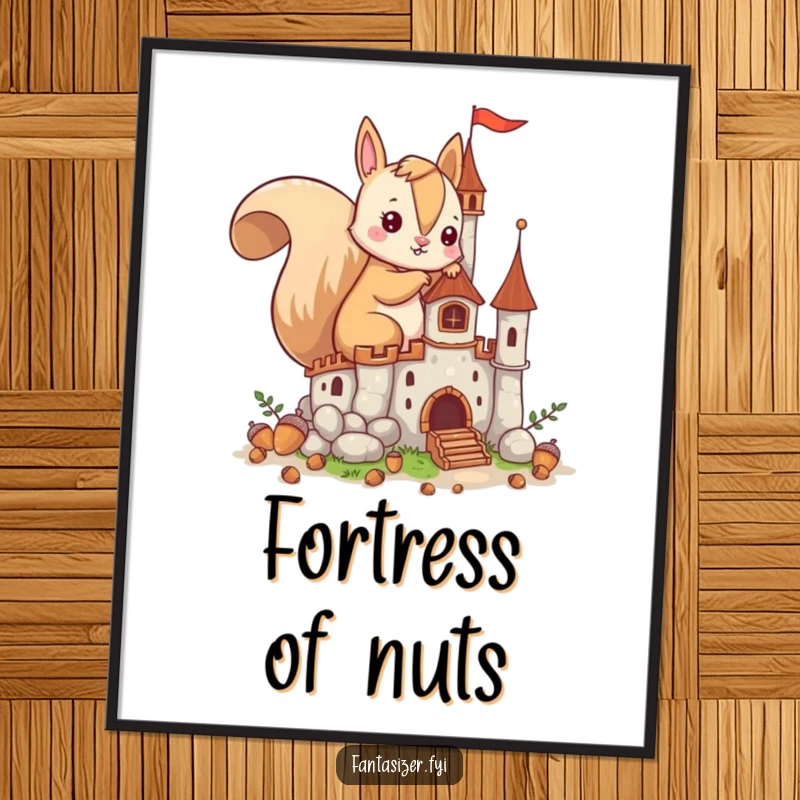 Funny poster of an imaginative squirrel character building a fantastical castle from acorns, showcasing creative ambition and detail.
