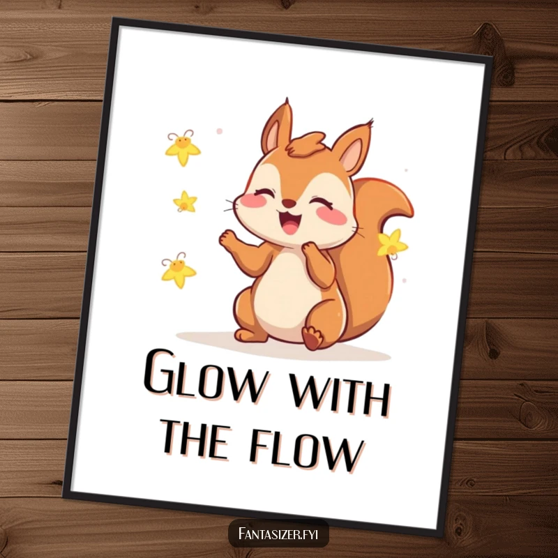 Funny squirrel poster illustrating a gleeful squirrel playing with fireflies, a whimsical and humorous nighttime artwork.