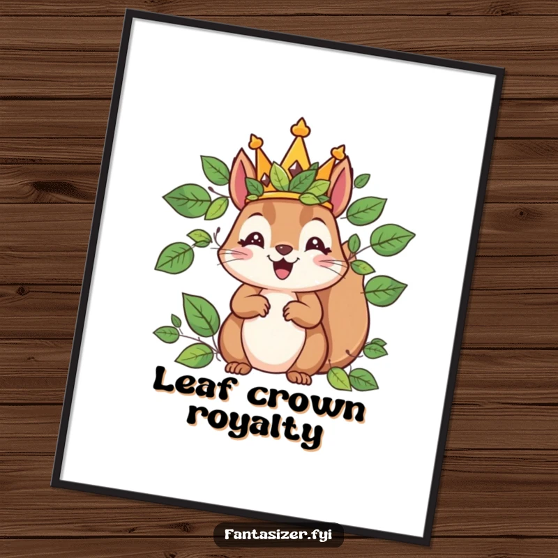 Funny poster depicting a delighted squirrel king wearing a leaf crown, ruling his tiny kingdom with charming, humorous authority.