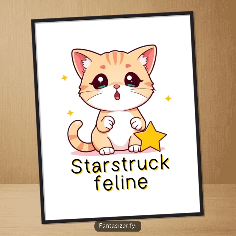 Funny Surprised Cat Poster: Cat looks shocked as a star falls into its paw, showcasing cosmic wonder, a funny gift.