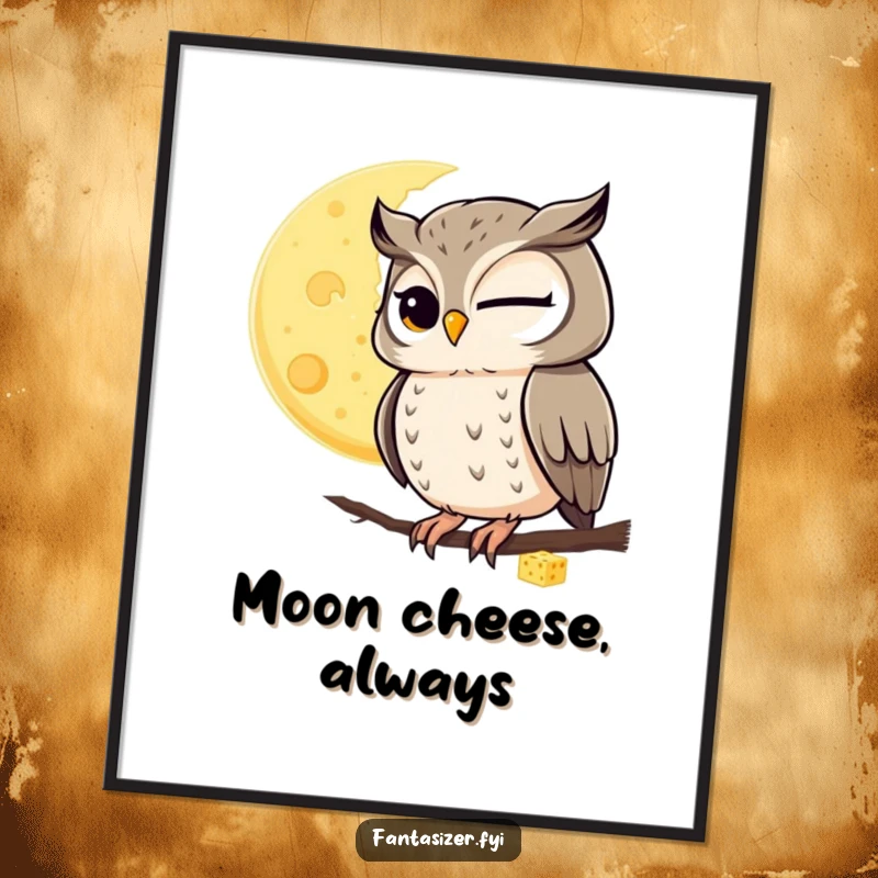 Funny poster of a winking owl observing a moon made of cheese, whimsical and humorous wall art.