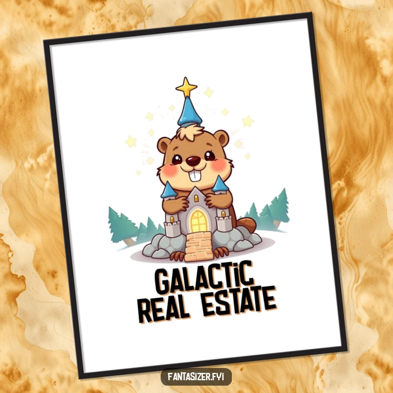 Funny beaver poster of a happy character building a glowing stardust castle, inspiring and humorous wall art, funny gift.