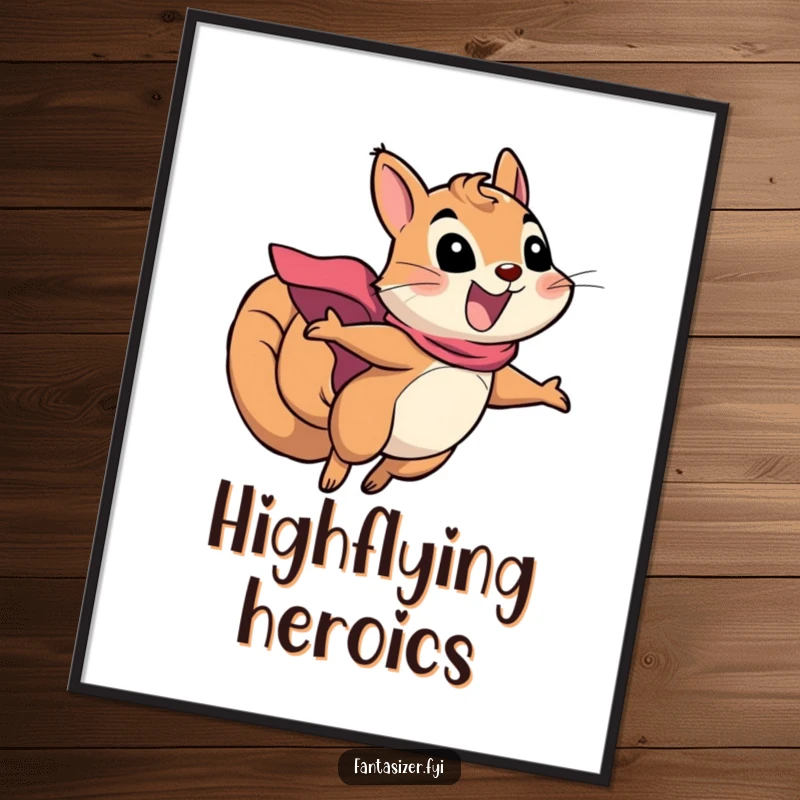 Funny squirrel superhero poster of an excited squirrel in a cape soaring through the sky, adding a touch of heroic humor to walls.