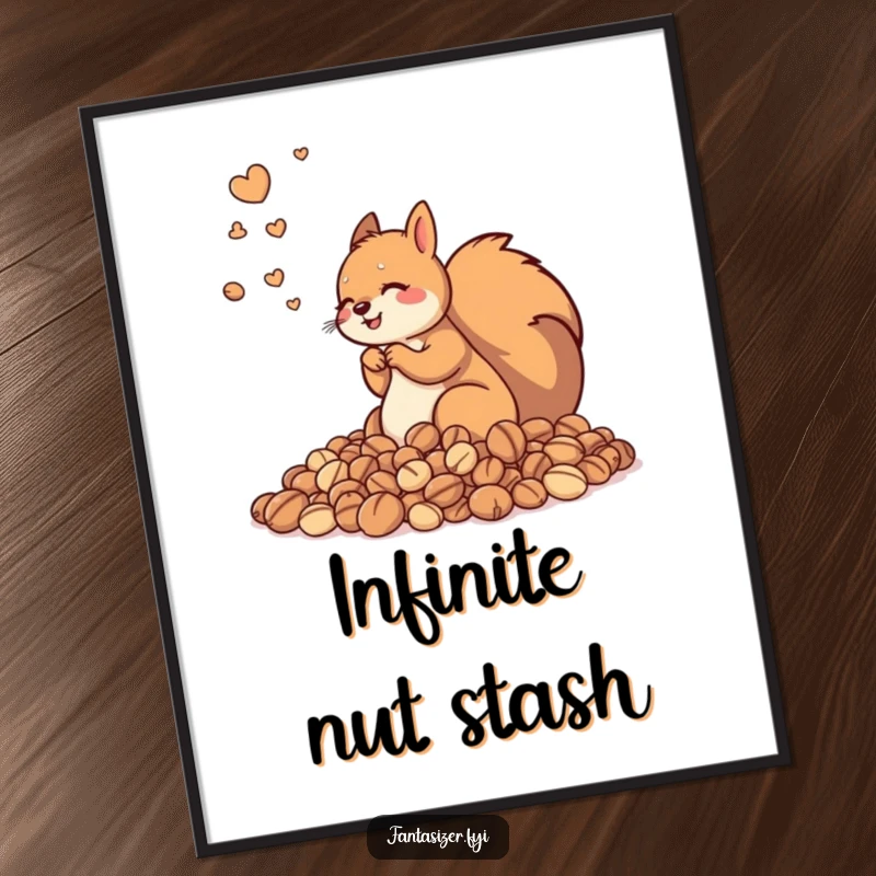 Funny poster depicting a delighted squirrel in an overwhelming field of nuts, a humorous and charming piece of wall art for collectors.