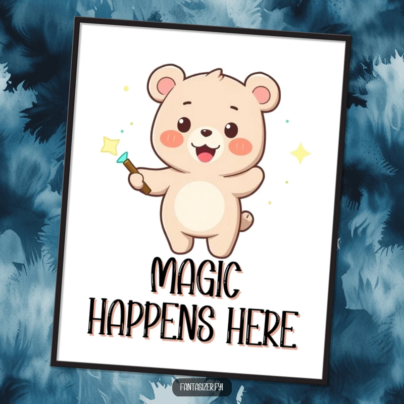 Funny poster art of a smiling bear character with a magic wand, conjuring ethereal dancing lights in a playful, enchanting scene.