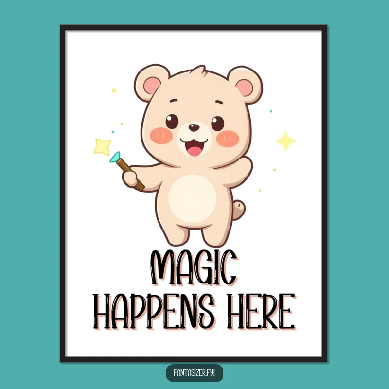 Funny Bear Wizard Poster: Magical Wand & Dancing Lights - Enchanting Art!