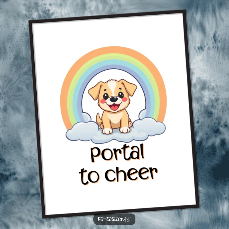 Funny poster: a cheerful puppy peeks through a dazzling rainbow portal, adding a touch of whimsy.