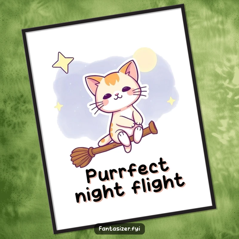Funny poster art of a joyful cat riding a broomstick through a starry night sky, bringing magical delight.