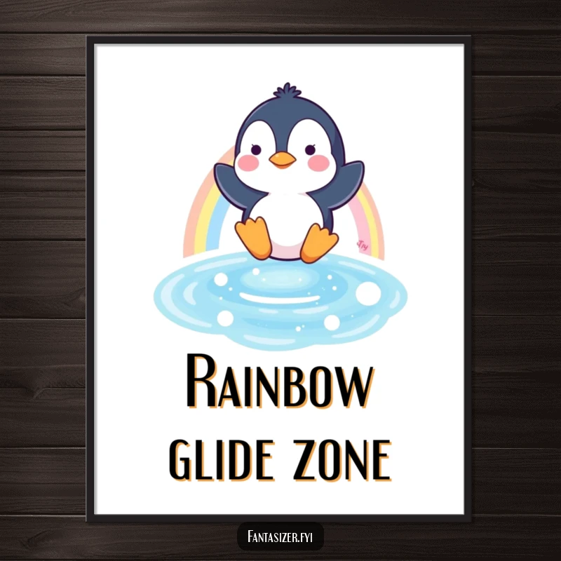 Funny poster art of a happy penguin sliding down a colorful rainbow into a sparkling pool, symbolizing pure joy.