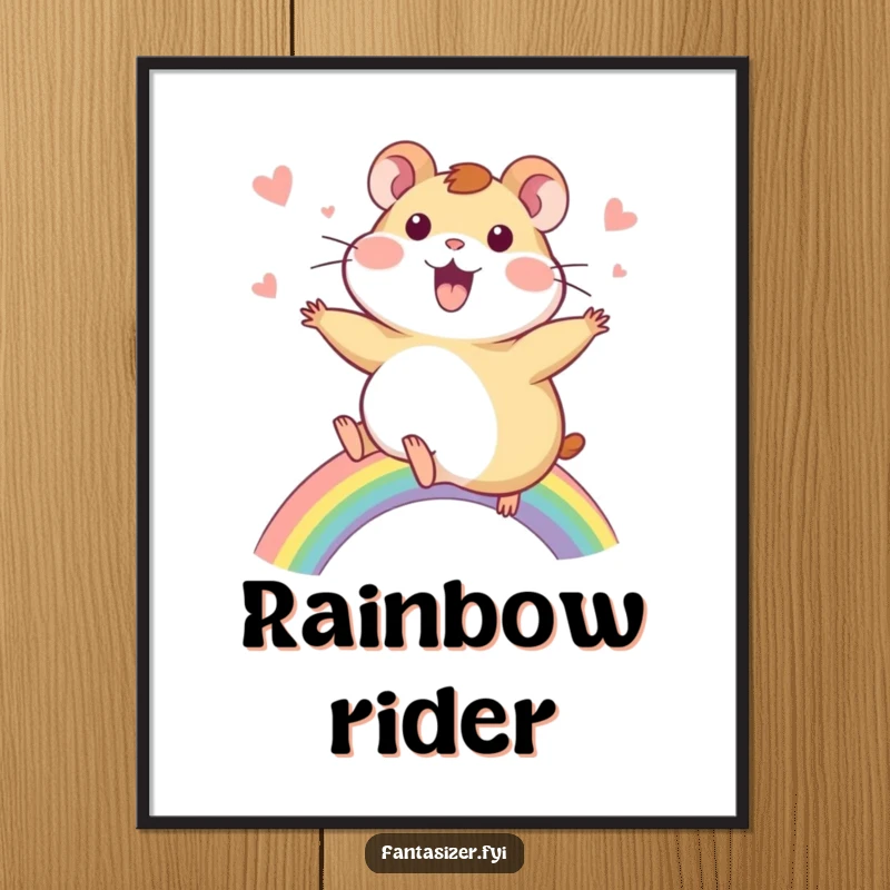 Funny Hamster Poster: Artwork of a delighted hamster riding a vibrant rainbow with wide-eyed wonder, spreading pure joy.