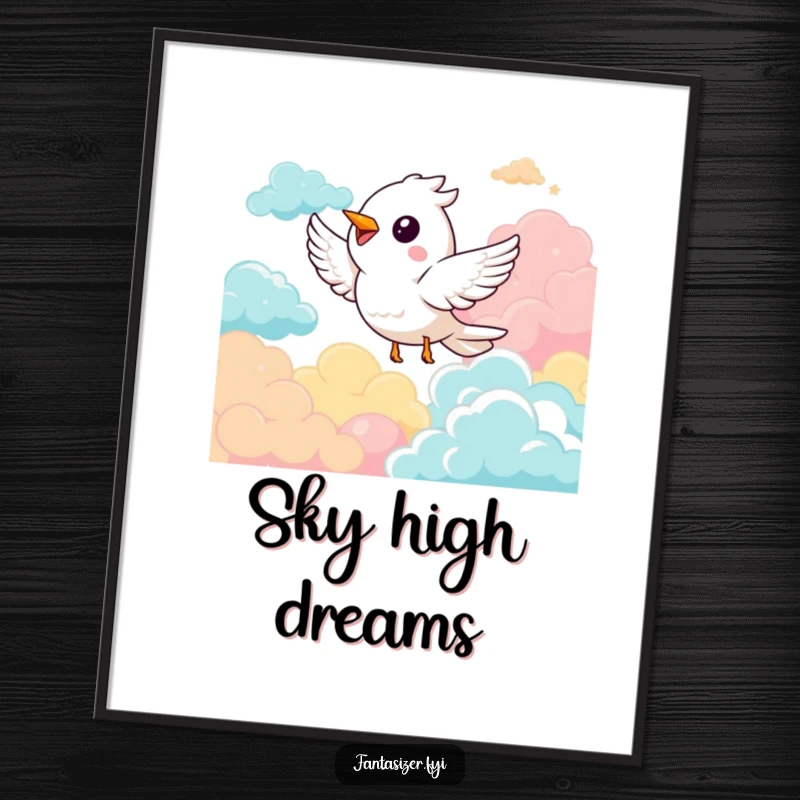 Funny poster depicting a delighted bird character soaring gracefully amidst a sky painted with vivid, imaginative clouds, inspiring happiness.