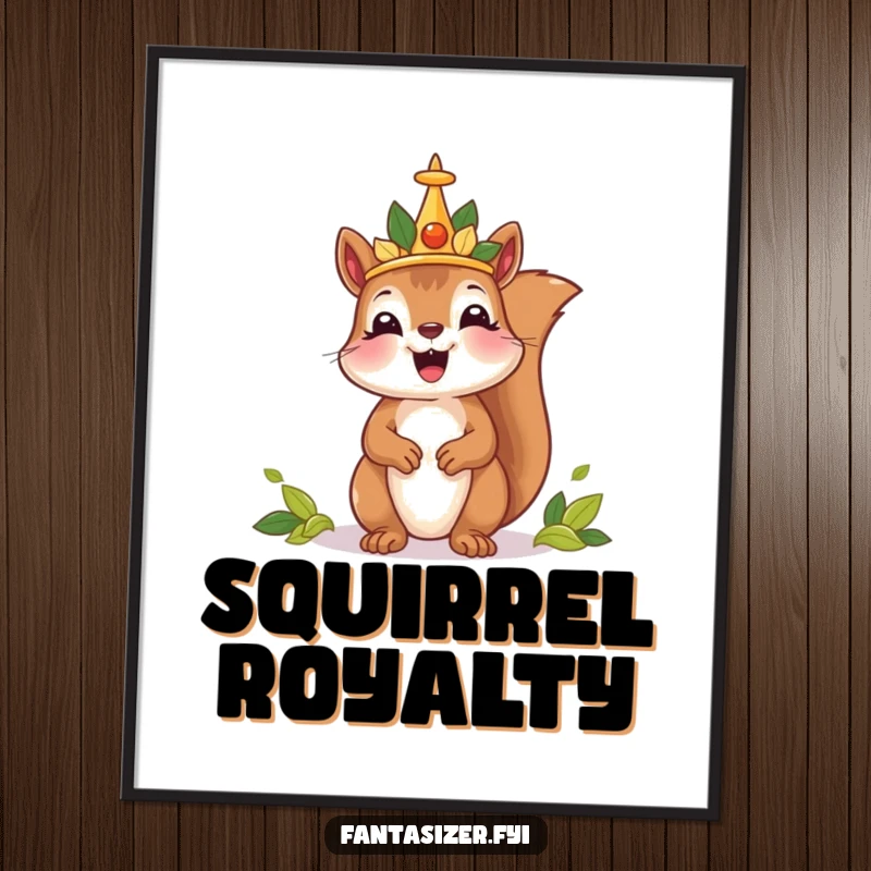 Funny poster art of a delighted squirrel wearing a crown of leaves, presiding over a tiny, whimsical kingdom with regal humor.