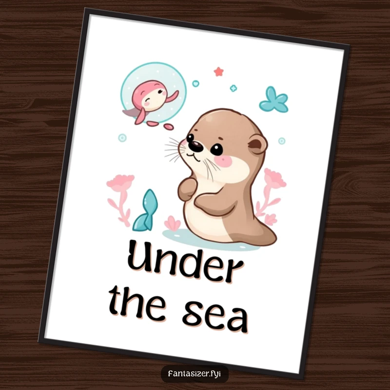 Funny poster showing an otter dreaming of swimming with mermaids, ideal for adding whimsical humor and fantasy decor.