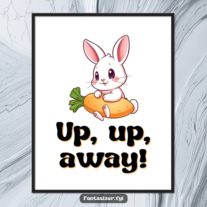 Funny poster art showing a surprised rabbit riding a high-speed flying carrot, capturing a moment of unexpected, comical adventure.