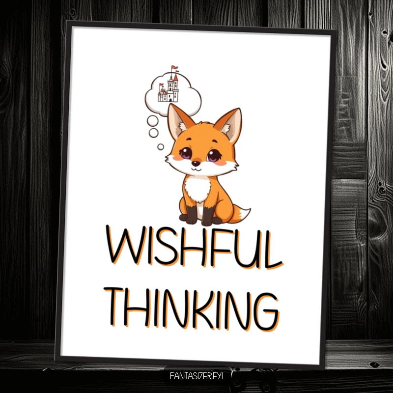 Funny poster featuring a curious fox with a large thought bubble containing a detailed fantasy castle, representing imaginative journeys and goals.