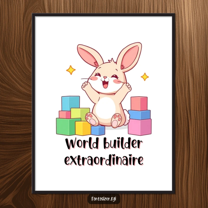 Funny poster art of a happy bunny with paws in the air, imagining a world built of colorful blocks.