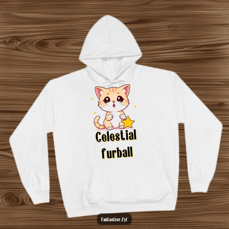 Funny Surprised Cat Hoodie: A surprised cat looks at a fallen star in its paw, cozy and a funny gift.