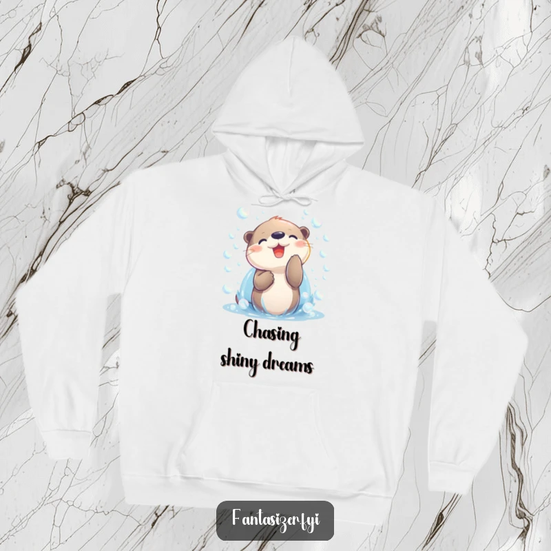 Funny otter character immersed in iridescent bubbles on a warm hoodie, bringing cozy cheer and playful vibes.